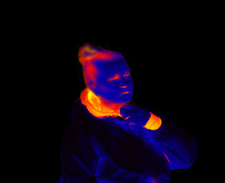 Portrait of a middle-aged woman in everyday life. Thermal imaging on a white and black background. Blurred unrecognizable people.の写真素材