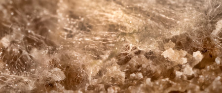 Penicillin and aspergillum mold on bread. Colonies of species of mold fungi, young (white), yellow Aspergillus flavus, green - Penicillum. Aspergillus niger ripe black round sporangia. Ultramacroの写真素材