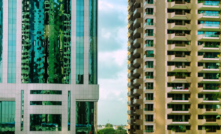 Distorted reflection in the glass of skyscrapers creates ultra modern architectural design - New...