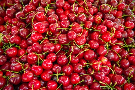 Red Cherries with stalks on street market.の写真素材