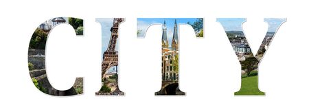 City collage sign. Colorful letters font from landmarks and urban buildings. Travel conceptの写真素材