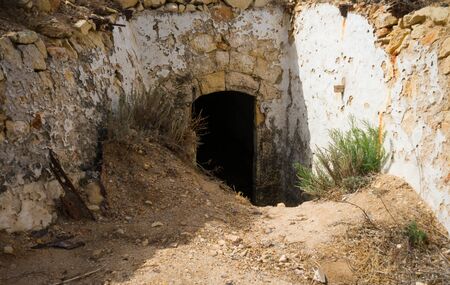 entrance of defensive artillery concrete fort, bunker built during the Second World War, Spain.