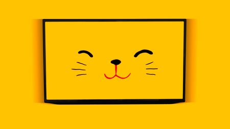 yellow maneki neko japanese Lucky cat face on tv screen art frame.の写真素材