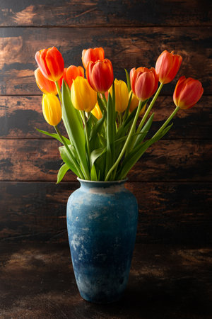 Red and yellow Tulip flowers in blue vase on wooden table spring celebration conceptの写真素材
