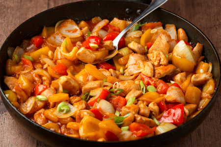 Sweet and sour chicken with colorful bell pepper on a plate. Chinese Asian style food dish.の写真素材