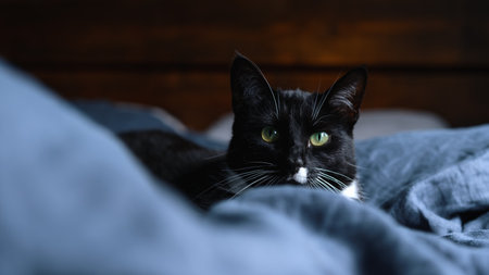 Sleepy black and white fluffy cat with green eyes rests on comfy linen bed.の写真素材