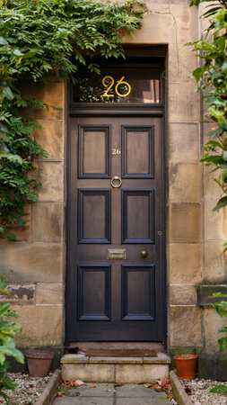 Old Georgian stone townhouse door with fanlight window above door