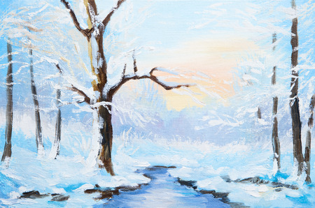 oil painting winter landscape, frozen river in the forest, colorful watercolorの写真素材
