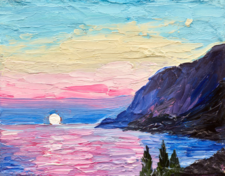 Oil painting, pink sunset, sea, mountainsの写真素材