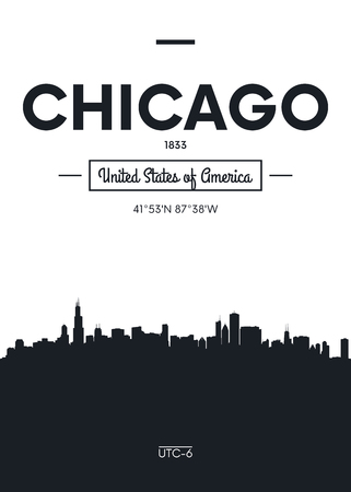 Poster city skyline Chicago, Flat style vector illustrationのイラスト素材