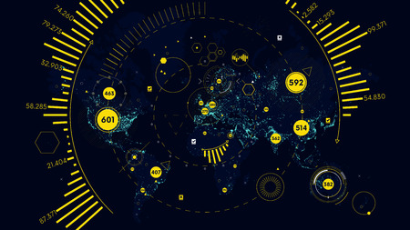 HUD futuristic interface global technology and telecommunication network, Vector world map of world analyticsのイラスト素材