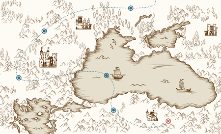 Medieval cartography, old pirate treasure map, vector illustrationのイラスト素材