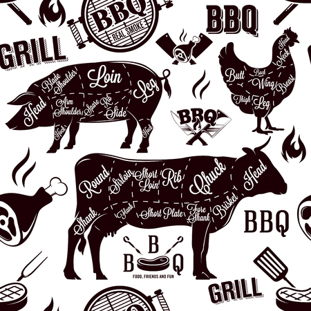 Meat cuts and barbecue seamless pattern, vector illustrationのイラスト素材