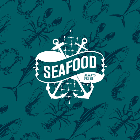 Seafood logo on a seamless pattern with tuna, shrimp, crab and lobster, vector illustrationのイラスト素材