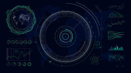 Vector futuristic user interface HUD design graphs and charts, Global digital network communications map worldのイラスト素材