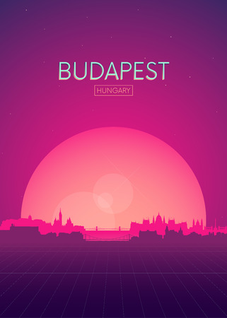 Travel poster vectors illustrations, Futuristic retro skyline Budapestのイラスト素材