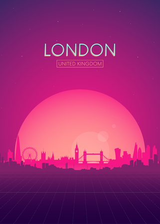 Travel poster vectors illustrations, Futuristic retro skyline Londonのイラスト素材