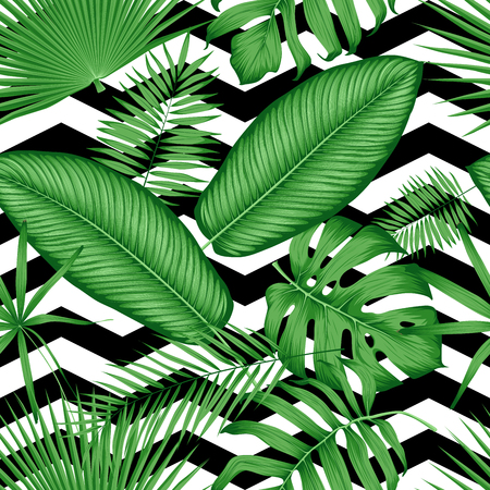 Beautiful seamless vector floral pattern tropical jungle leaves on a geometric backgroundのイラスト素材
