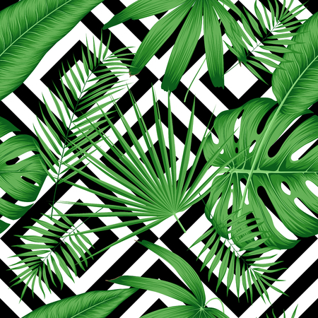 Exotic vector seamless pattern with tropical leaves on a geometric backgroundのイラスト素材