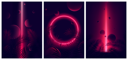 Glowing line red neon reflex on tropical leaves and spheres, Futuristic gradient glow on dark background, Vector retro poster for your designのイラスト素材