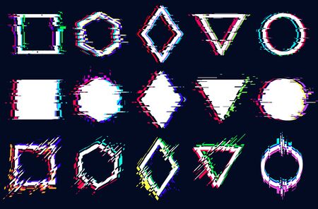 Vector abstract geometric shapes with glitch effect, digital defect, frame distortion, square, hexagon, rhombus, triangle, circle with vhs noiseのイラスト素材