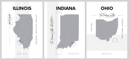 Vector posters with highly detailed silhouettes of maps of the states of America, Division East North Central - Illinois, Indiana, Ohio - set 4 of 17のイラスト素材