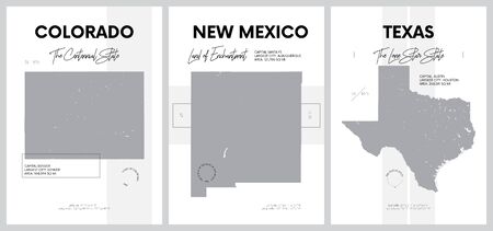Vector posters with highly detailed silhouettes of maps of the states of America, Division Mountain and West South Central - Colorado, New Mexico, Texas - set 13 of 17のイラスト素材
