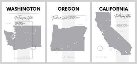 Vector posters with highly detailed silhouettes of maps of the states of America, Division Pacific - Washington, Oregon, California - set 16 of 17のイラスト素材