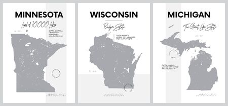 Vector posters with highly detailed silhouettes of maps of the states of America, The Great Lakes region - Minnesota, Wisconsin, Michigan - set 5 of 17のイラスト素材