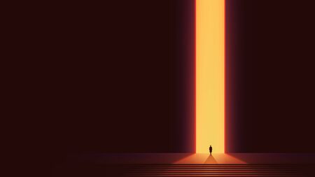 Man silhouette in front of glowing portal, futuristic vector background, Abstract cyberpunk architecture with gradient lightingのイラスト素材