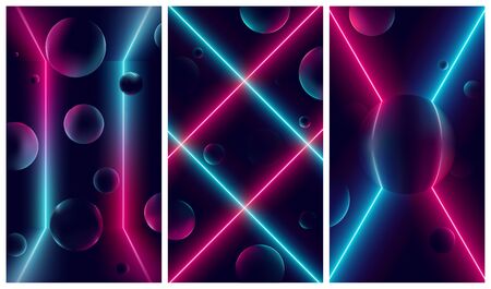 Bright glowing pink and blue neon lines, futuristic cyberbank backgrounds with illuminations on geometric figures, vector retro illustrations in the style of the 80s and 90sの販売画像