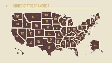 Detailed vintage map of the United States of America split into individual states with the abbreviations 50 states, vector illustrationの写真素材