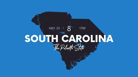 8 of 50 states of the United States with a name, nickname, and date admitted to the Union, Detailed Vector South Carolina Map for printing posters, postcards and t-shirtsのイラスト素材