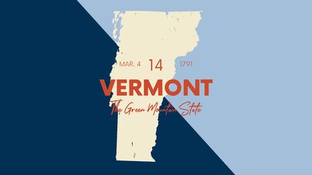 14 of 50 states of the United States with a name, nickname, and date admitted to the Union, Detailed Vector Vermont Map for printing posters, postcards and t-shirtsのイラスト素材