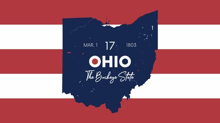 17 of 50 states of the United States with a name, nickname, and date admitted to the Union, Detailed Vector Ohio Map for printing posters, postcards and t-shirtsのイラスト素材