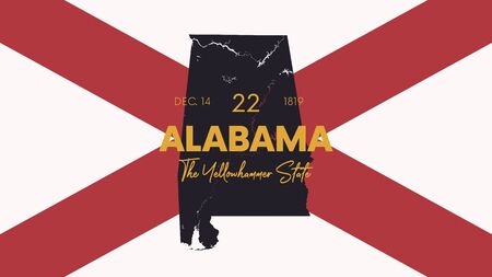 22 of 50 states of the United States with a name, nickname, and date admitted to the Union, Detailed Vector Alabama Map for printing posters, postcards and t-shirtsのイラスト素材