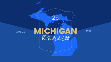 26 of 50 states of the United States with a name, nickname, and date admitted to the Union, Detailed Vector Michigan Map for printing posters, postcards and t-shirtsのイラスト素材