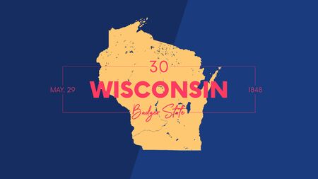 30 of 50 states of the United States with a name, nickname, and date admitted to the Union, Detailed Vector Wisconsin Map for printing posters, postcards and t-shirtsのイラスト素材