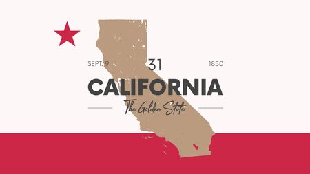 31 of 50 states of the United States with a name, nickname, and date admitted to the Union, Detailed Vector California Map for printing posters, postcards and t-shirtsのイラスト素材