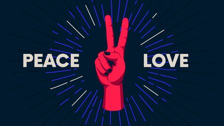 Gesture of a human hand against the background of the sunburst, movement of the fingers, motivating vector poster with the slogan Peace and Loveのイラスト素材