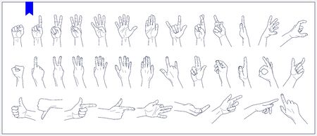 Set of contours of human hands, signs and gestures isolated vector illustrations on a white backgroundのイラスト素材
