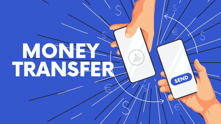 Business background with human hand and phone, sending and receiving money wireless, money transfer...