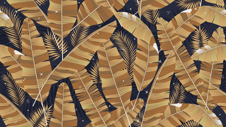 Seamless pattern with golden leaves of banana palm on a dark background, composition of tropical plants can be used cover design, wall art, brochure, social media postのイラスト素材