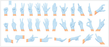 Set of realistic human hands, signs and gestures, in protective blue gloves isolated vector Illustrations on a white backgroundのイラスト素材