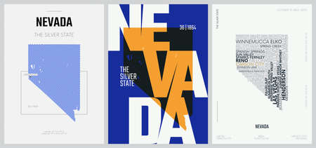 36 of 50 sets, US State Posters with name and Information in 3 Design Styles, Detailed vector art print Nevada mapのイラスト素材