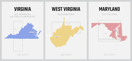 Vector posters detailed silhouettes maps of the states of America with abstract linear pattern,...