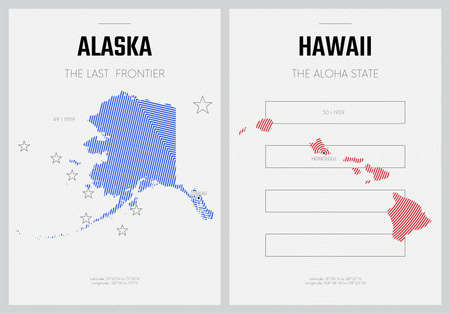 Vector posters detailed silhouettes maps of the states of America with abstract linear pattern, Division Pacific - Alaska, Hawaii - set 17 of 17のイラスト素材