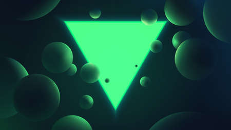 Abstract vector illustration with glowing green triangle on dark background, neon lighting with...