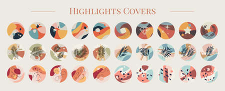 Big set of round social media highlight covers, various vector abstract and floral icons, Ñolorful background templates with geometric shapes for bloggersのイラスト素材