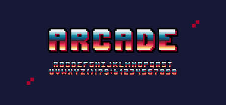 Retro futuristic latin arcade pixel font from video games, vector geometric 8 bit design letters and numbers, colorful pixelated typefaceのイラスト素材